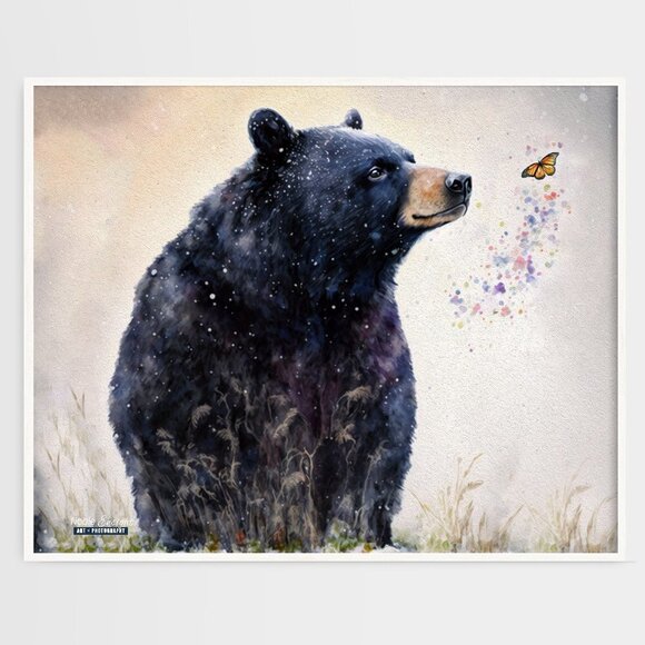 16x20 Black Bear with Butterfly‎ Watercolor Oil Painting Print - Picture 2 of 4